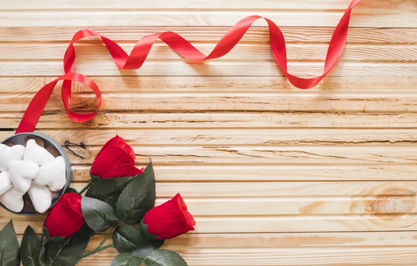 Картинка цветы, праздник, розы, лента, сердечки, день влюбленных, день святого Валентина