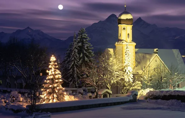 Картинка горы, ночь, огни, праздник, Германия, Новый Год, Бавария, Рождество, Вальгау