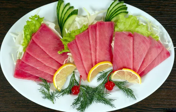 Картинка зелень, лимон, рыба, салат
