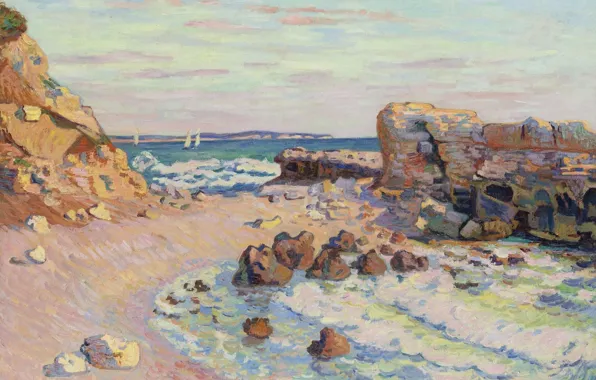 Картинка море, пейзаж, камни, лодка, картина, парус, Арман Гийомен, Armand Guillaumin, Скалы в Сен-Пале. Прилив