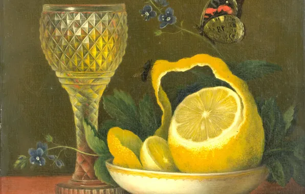Картинка дерево, бабочка, масло, картина, Натюрморт с Лимоном и Хрустальным Стаканом, Мария Маргарета ван Ос