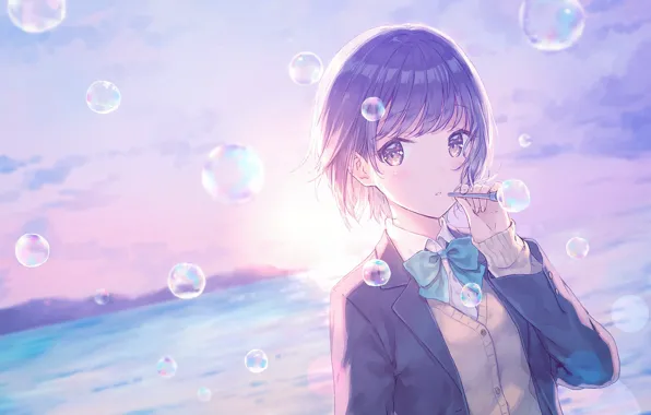 Картинка девушка, аниме, арт, мыльные пузыри