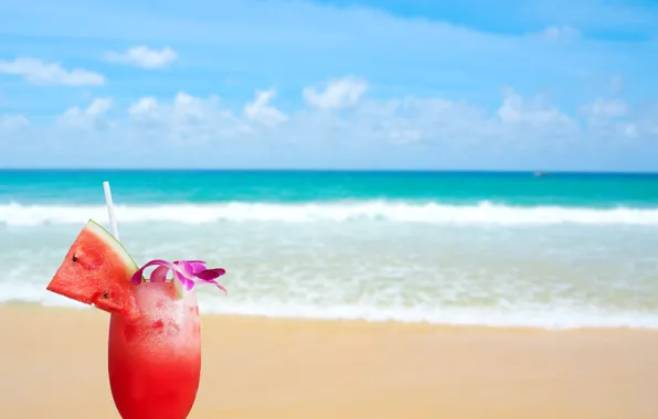 Картинка песок, море, волны, пляж, лето, арбуз, коктейль, summer, beach, fresh, sea, seascape, sand, wave, drink, …