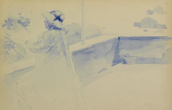 Картинка рисунок, акварель, Henri Edmond Cross, Анри Кросс, Женщина на Балконе