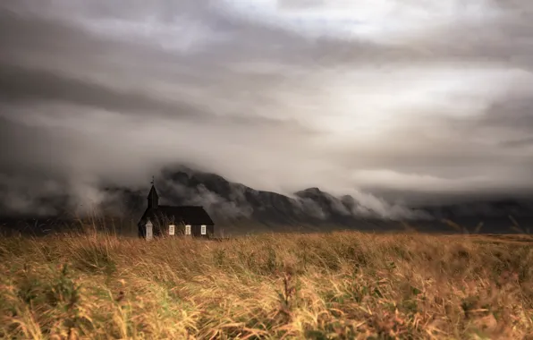 Картинка поле, туман, храм, Iceland