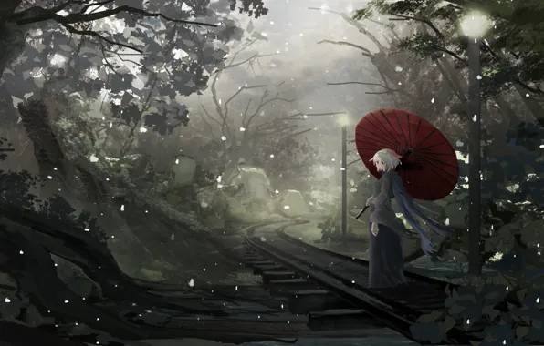 Картинка девушка, зонт, аниме