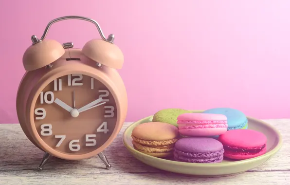 Картинка часы, colorful, десерт, pink, пирожные, сладкое, sweet, dessert, macaroon, clock, french, macaron, макаруны