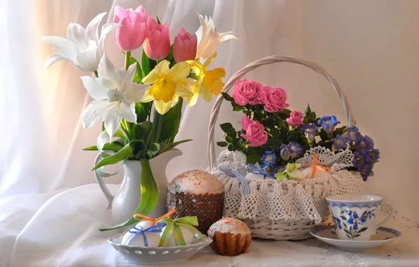 Картинка цветы, розы, яйца, Пасха, тюльпаны, кулич, нарциссы