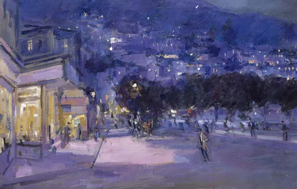 Картинка ночь, огни, картина, городской пейзаж, Константин Коровин, Вид Монако