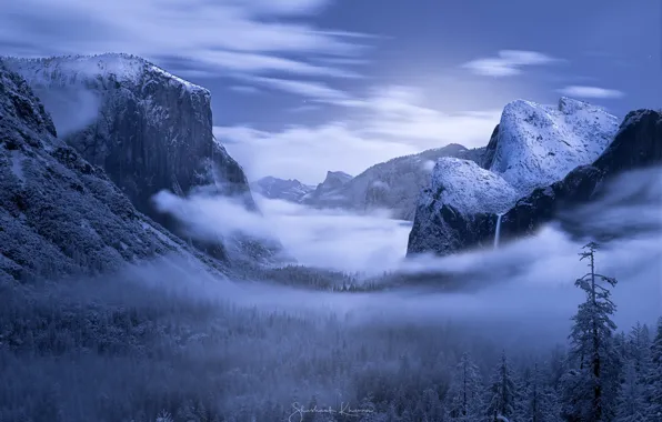 Картинка зима, лес, снег, горы, ночь, Йосемиитская долина