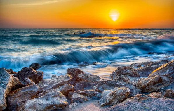 Картинка море, закат, камни, Флорида, Florida, Мексиканский залив, Caspersen Beach, Сарасота, Gulf of Mexico, Sarasota County