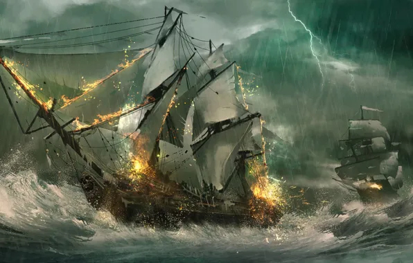 Картинка море, волны, шторм, молния, корабли, парусники, фрегаты, морской бой, Julian Calle