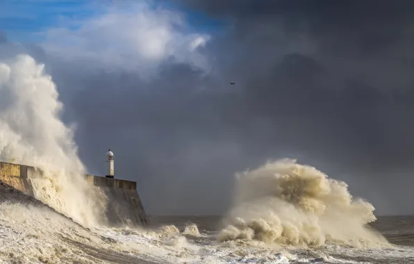Картинка море, волны, брызги, шторм, маяк, Уэльс, Порткол