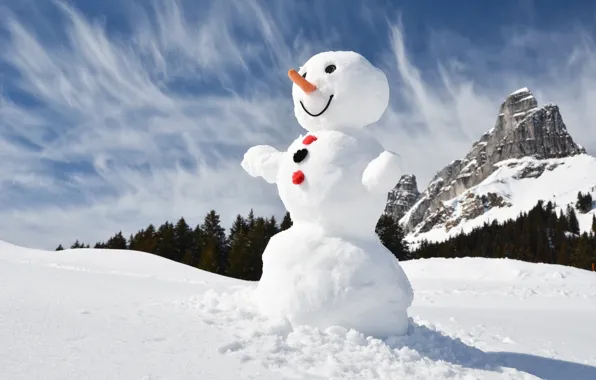 Картинка зима, лес, снег, горы, снеговик, happy, winter, snow, Xmas, snowman