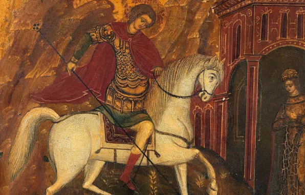 Картинка белый конь, религиозная живопись, XIXв, Святой Георгий Победоносец, русская икона