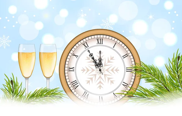 Картинка снежинки, время, блики, фон, праздник, часы, вектор, бокалы, Рождество, Новый год, шампанское, полночь, хвойные ветки