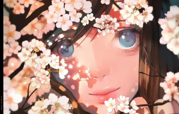 Картинка взгляд, лицо, весна, девочка, голубые глаза, цветение, ветка сакуры, свет и тень, by Ma Jo