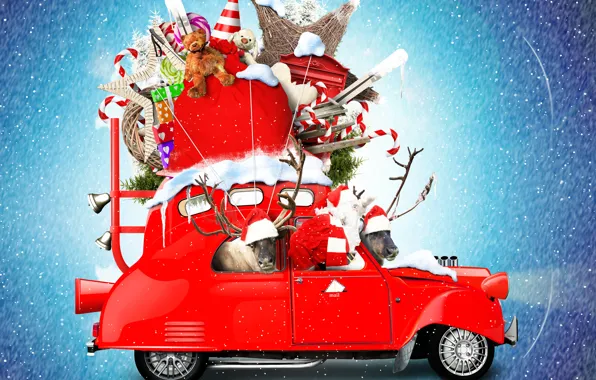 Картинка снег, снежинки, красный, креатив, фон, праздник, игрушки, фотошоп, Рождество, подарки, Новый год, леденцы, автомобиль, олени, …