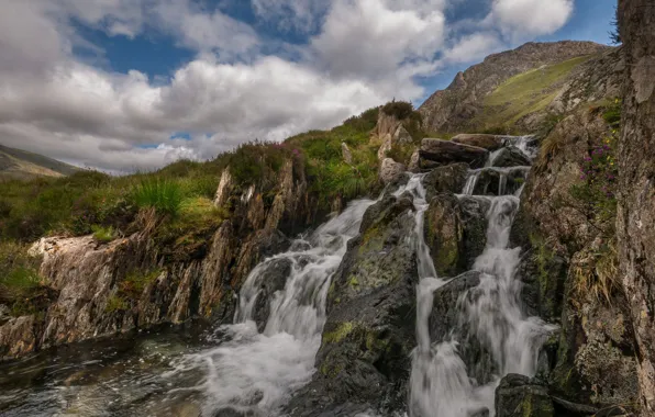 Картинка природа, ручей, камни, скалы, водопад, Уэльс, Сноудония