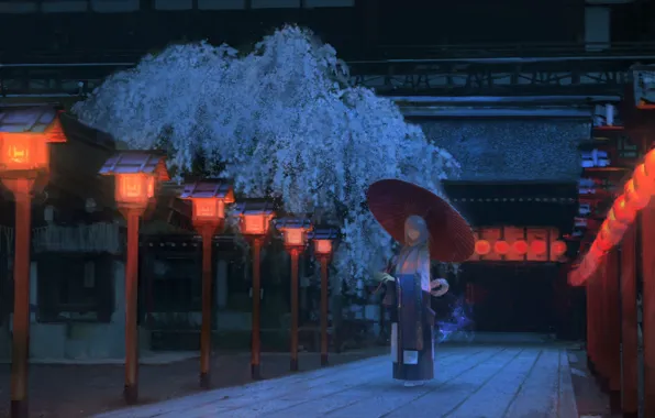 Картинка девушка, ночь, Япония, сакура, дорожка, японская одежда, красные фонари, деревянный дом, под зонтом
