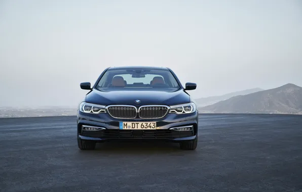 Картинка небо, BMW, седан, вид спереди, xDrive, 530d, Luxury Line, 5er, тёмно-синий, четырёхдверный, 2017, 5-series, G30