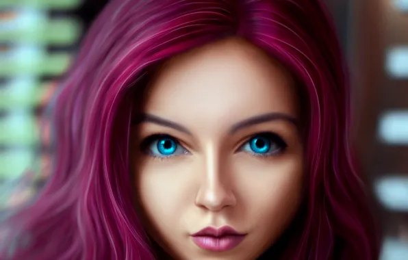Картинка Girl, long hair, art, blue eyes, lips, face, redhead, painting, digital art, artwork, portrait, mouth, …