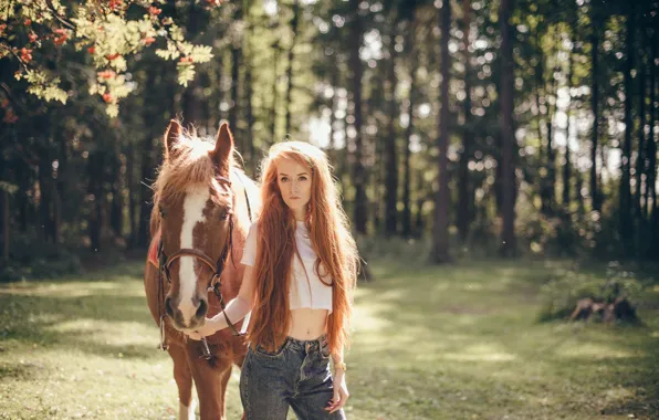 Картинка лето, девушка, волосы, лошадь, рыжая