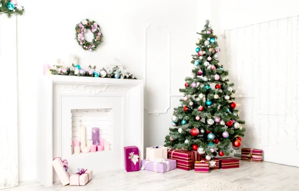 Картинка праздник, подарок, шары, елка, подарки, Новый год, камин, елочные игрушки, елочка, New Year