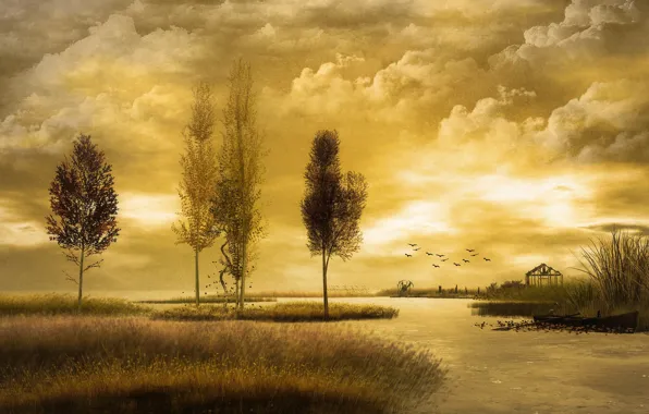 Картинка осень, деревья, птицы, река, лодка