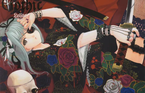 Картинка кровь, череп, катана, малышка, ножны, рог, повязка на глазу, черные розы, gothic lolita
