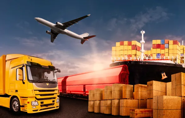 Картинка небо, красный, жёлтый, корабль, фотошоп, поезд, порт, грузовик, ящики, самолёт, контейнера