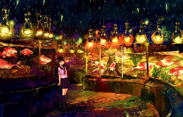 Картинка улица, аниме, фонари, девочка, живопись