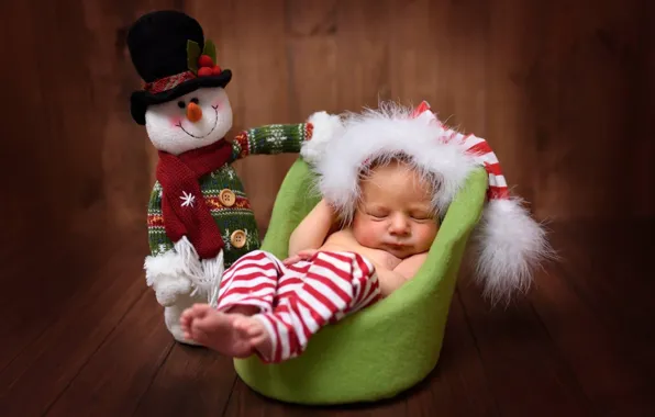 Картинка игрушка, доски, сон, кресло, малыш, снеговик, ребёнок, колпак, младенец