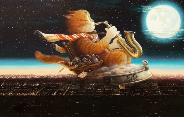 Картинка кот, ночь, луна, рисунок, сказка, арт, детская, Сказочки кота Кузьмы, Александр Маскаев
