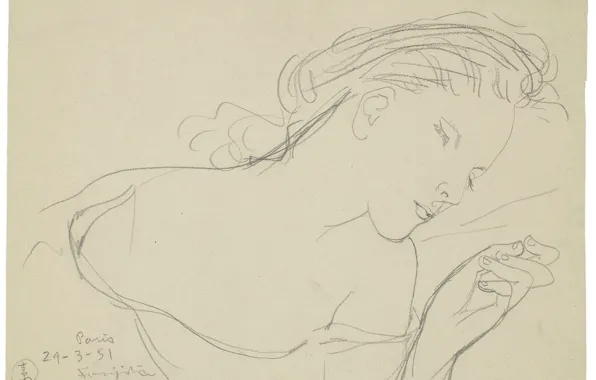 Картинка бумага, графика, карандаш, 1951, Спящая девушка, Цугухару, Фудзита