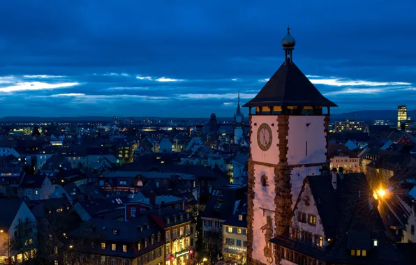 Картинка ночь, огни, башня, Германия, панорама, Баден-Вюртемберг, Фрайбург