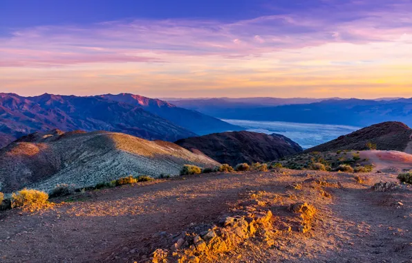 Картинка небо, солнце, горы, долина, панорама, США, Death Valley National Park, возвышенность