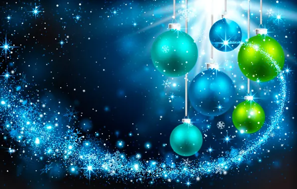 Картинка снежинки, фон, праздник, шары, вектор, зеленые, Рождество, Новый год, синие