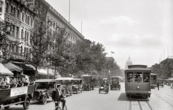 Картинка ретро, улица, Вашингтон, трамвай, США, Капитолий, автомобиль, 1919-й год