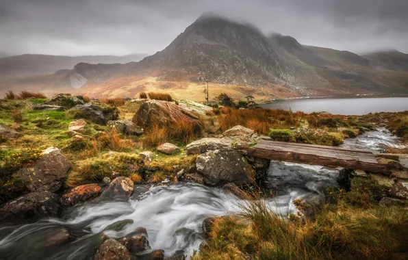 Картинка осень, горы, мост, река, Уэльс, Сноудония
