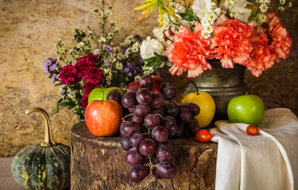Картинка цветы, яблоки, букет, виноград, ваза, фрукты, натюрморт, flowers, autumn, still life, fruits, осенний