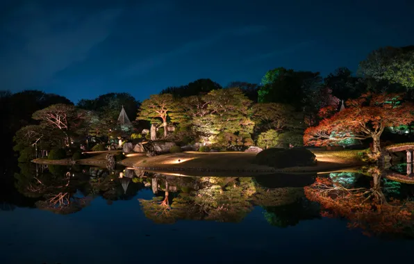 Картинка небо, вода, деревья, ночь, дизайн, огни, пруд, парк, отражение, Япония, Токио