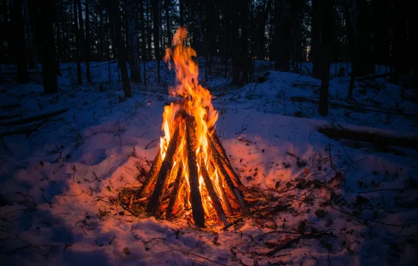 Картинка зима, лес, снег, одиночество, тепло, костер, Урал, у огня, поселок Исеть