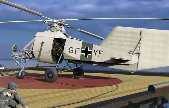 Картинка Колибри, Кригсмарине, лёгкий германский разведывательный, Flettner, Fl 282, вертолёт-синхроптер