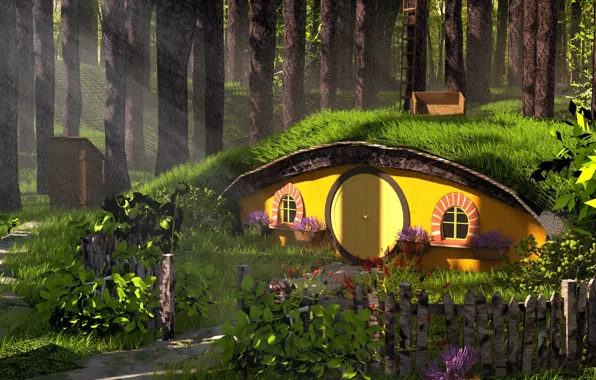 Картинка домик, fantasy, Средиземье, Forest Hobbit House, Austin Richey