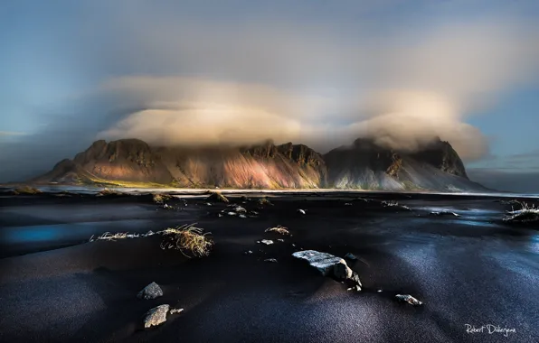 Картинка пляж, небо, облака, горы, туман, Исландия, Стокнес