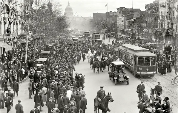 Картинка ретро, люди, улица, Вашингтон, трамвай, США, Капитолий, 1913-й год
