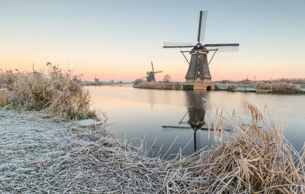 Картинка winter, morning, sunrise, dawn, Netherlands, canal, Molenwaard, Kinderdijk, windmills
