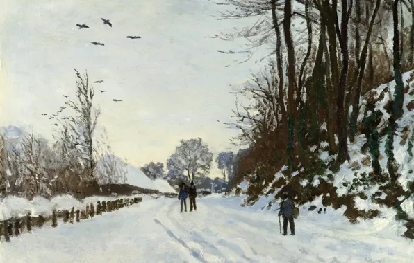 Картинка снег, пейзаж, картина, Claude Monet, Клод Моне, Дорога на Ферму Сен-Симон Зимой
