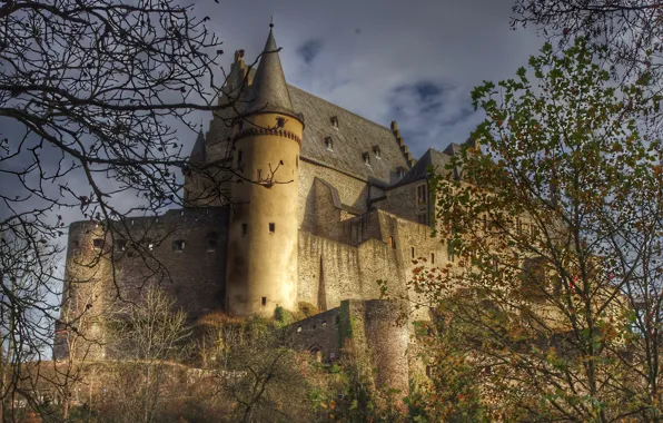Картинка небо, облака, деревья, ветки, замок, стены, башня, Люксембург, Castle Vianden